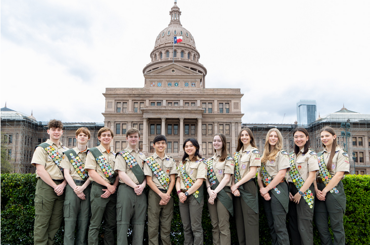 Troop 5 Eagle Scouts Hudson Hawes, Zack Ellington, Owen Miller, Griffin Meroney and Griffin Moore; and Troop 50 Eagle Scouts Fiona Kleeman, Skylar Moore, Farrah Kleeman, Ali Reichenberg, Lyla Macon and Rylie Shieh.