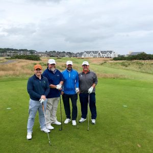 Golfing in Scotland at Carnoustie. Left to right: Ferris Clements, Ed Clements, Brian Jordan, and Ben Clements.