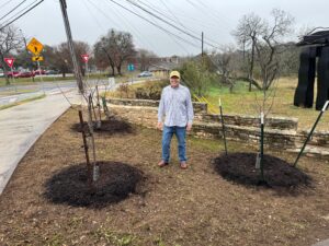 Richard Craig with recently planted trees and the repaired masonry wall at the West 29th Street entrance to the Hike and Bike Trail.