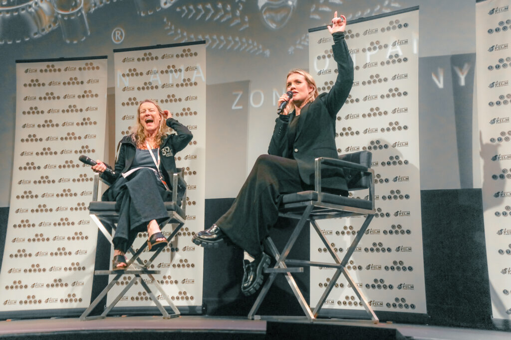 Barbara Morgan (left) and Emerald Fennell, director/writer of Saltburn at its screening. Photo credit: Jack Plunkett