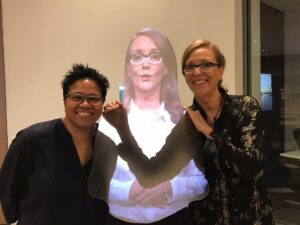 Sarah and her hologram at the Austin Central Library, with Christine Swanson who was set to direct the film version of Daughter of a Daughter of a Queen, but the financing fell through.