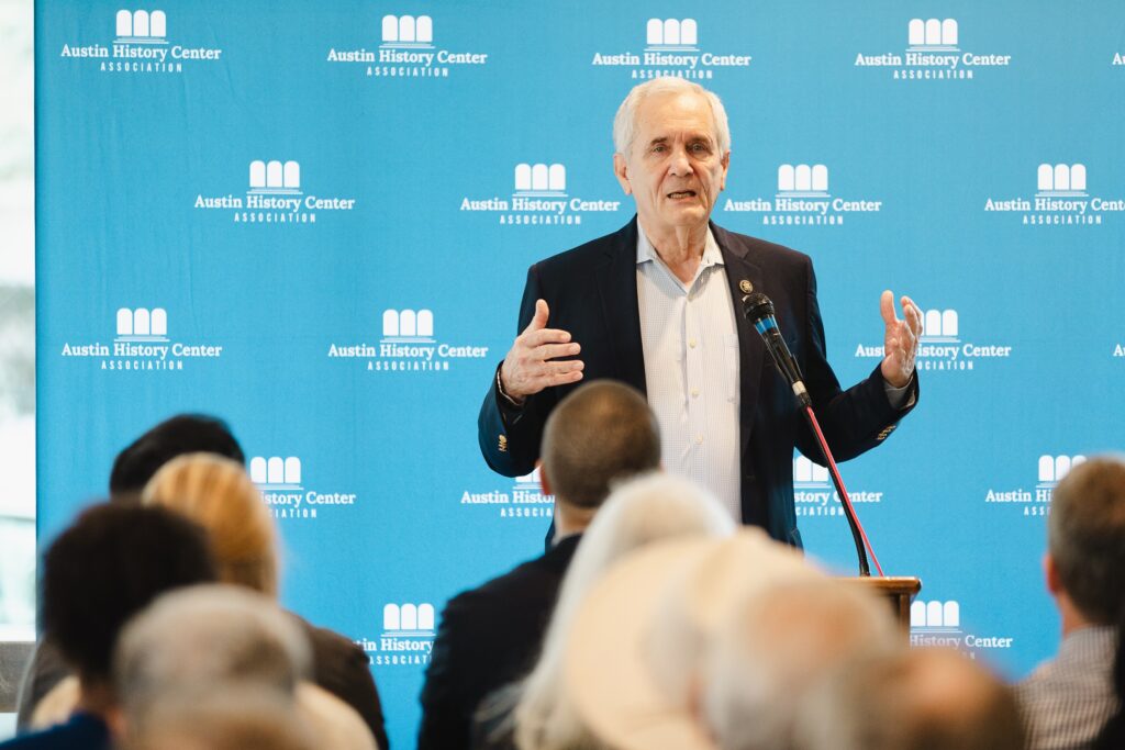 Congressman Lloyd Doggett addressed the crowd about the importance of the Austin History Center.