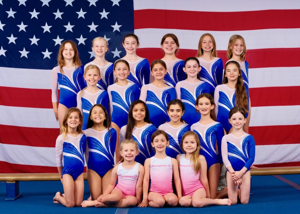 Xcel athletes for the ChampionsTX 2024–2025 season Back row- Clarie, Alice, Ellie, Frankie, Emma, and Nadia Third row- Annie, Ruby, Ella, Harper, and Josie Second row- Mia, Maria, Alana, Cecila, Ivy, and Mara Front row- Julia, Hayes, and Berlin