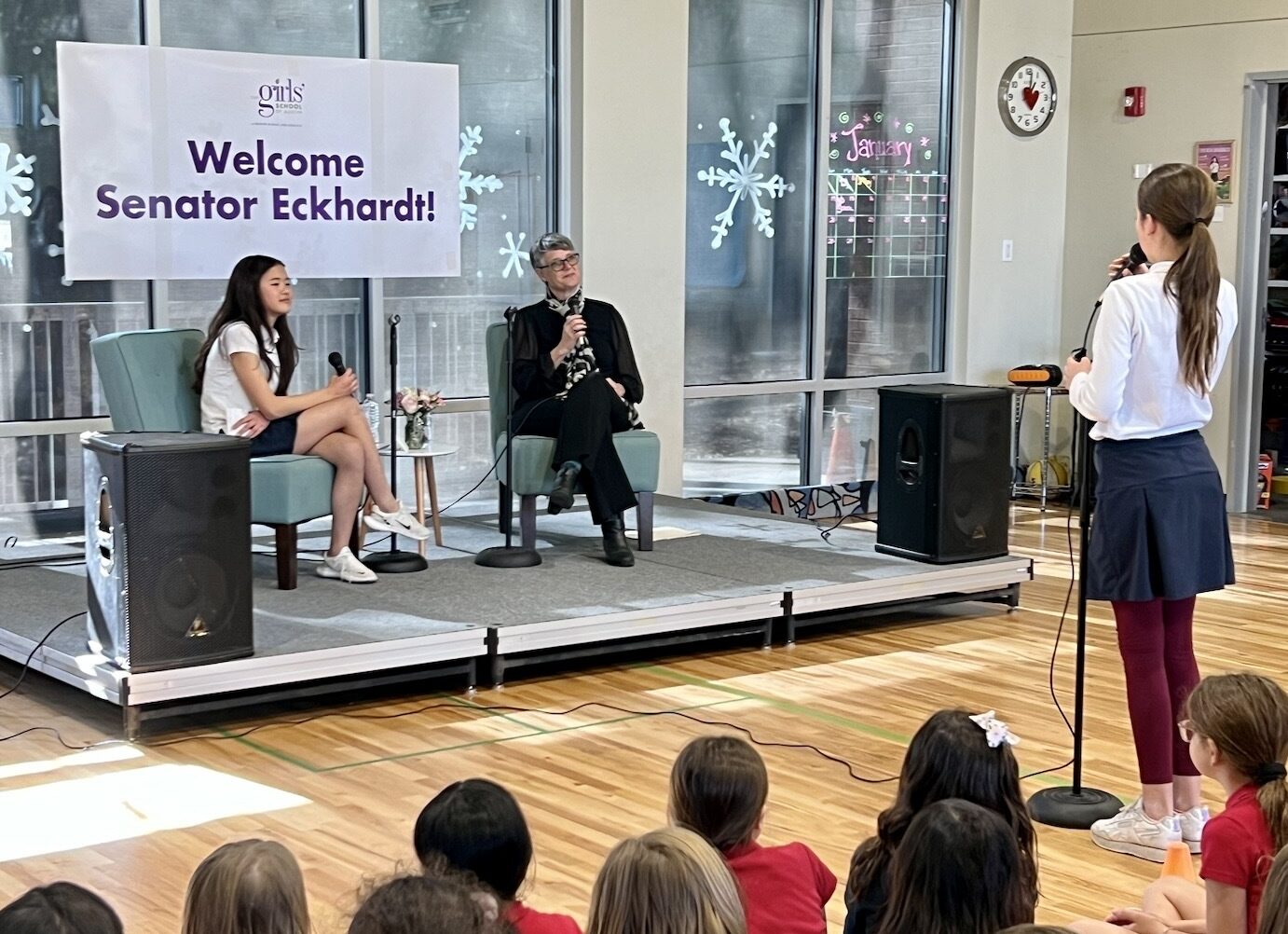 Moderator and eighth grader Coco Kim, Senator Sarah Eckhardt, and sixth grader Aliana Corbett during Q&A with Eckhardt