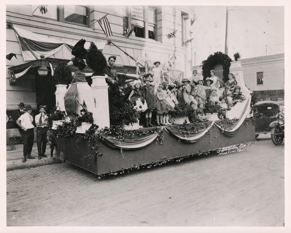 San Sam Festival Parade Float, 1921, sponsored by American National Bank (PICA 03099, Austin History Center, City of Austin)