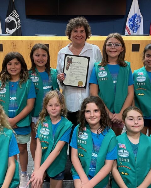 Rawson Saunders School Girl Scout Juniors, 4th grade, standing, Makena, Sara, Alison Alter, Emilia, Emma; kneeling, Lucia, Megan, Evelyn, Fabi, Phoebe