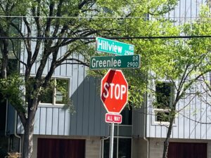 Site of four-way stop and crosswalk installation