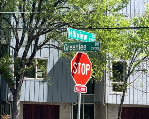 Site of four-way stop and crosswalk installation