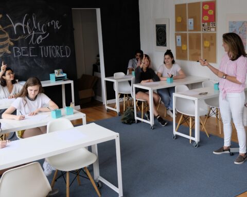 Kate Watson teaching in the Bee Tutored Brooklyn office classroom