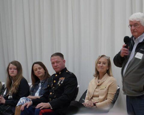 Tino C., Mary B., Karen Broaddus with husband and Distinguished Veteran Speaker Lt. Col. Jeff Broaddus, Head of School Colleen Lynch with US Air Force Veteran Capt. Thomas J. Rasmussen