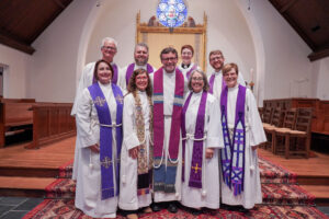 Good Shepherd clergy after Stanford’s installation as Good Shepherd’s seventh rector (Back Row): Rev. Mike Wyckoff, Rev. Ryan Boettcher, Rev. Leah Wise, Rev. Jonathan McManus-Dail (Front Row): Rev. Whitney Kirby, Rev. Brin Bon, Rev. Stanford Adams, Rev. Paige Alvarez Hanks, Very Rev. Cynthia Briggs Kittredge