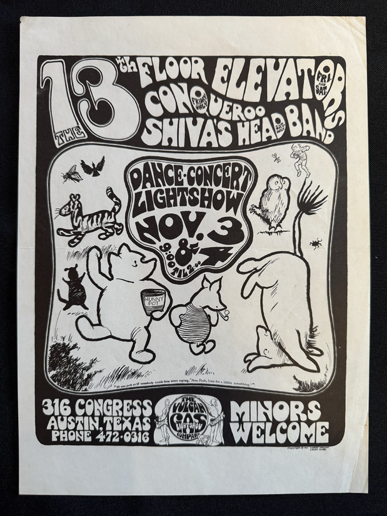 Concert with 13th Floor Elevators, Conqueroo, shiva’s Headband, and Scene from Winnie the Pooh, designed by Gilbert Shelton and Lieuen Adkin, 1967