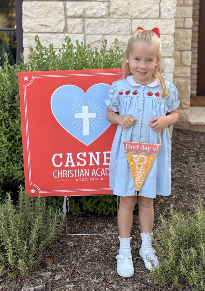 Current Casner student Annie Reinbach, all smiles and excited for her first day of kindergarten