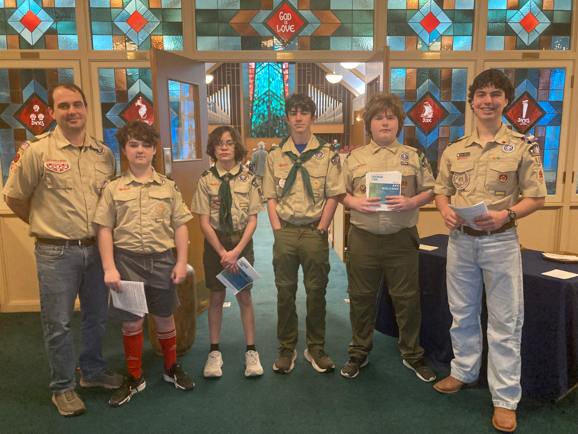 Troop 410 Assistant Scoutmaster James Poulos with scouts Luke Poulos, Willie Pfeffer, Marshall Nink, Gus Lemon, Jack Maloff