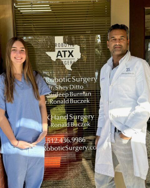 Sophia Clarke interning with Dr. Sudeep Burman at ATX Robotics.